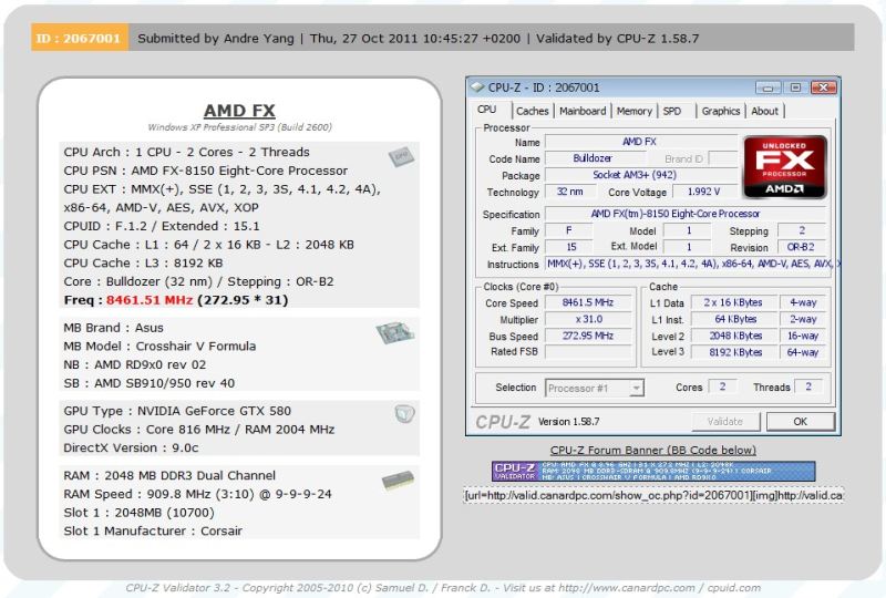 AMD Bulldozer podkrcony do 8461 MHz przez Andre Yang