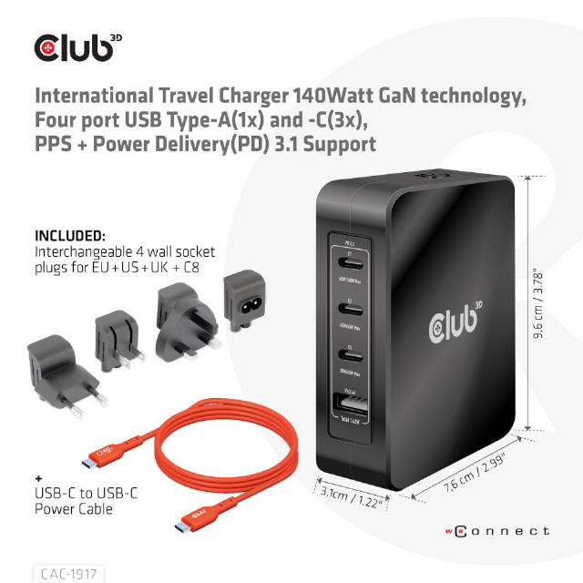 Club 3D CAC-1917 International Travel Charger 140W GaN